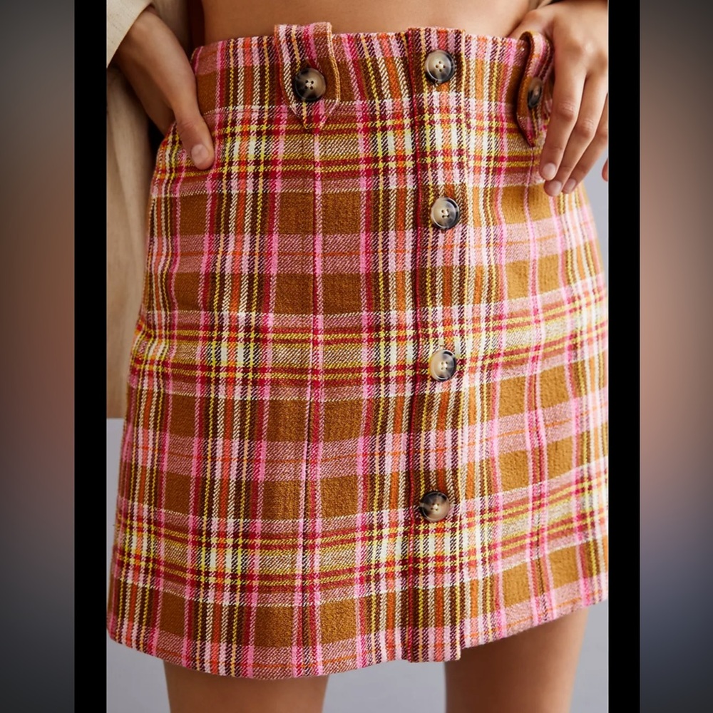 NWoT Maeve by Anthropologie Button-Front Mini Skirt Pink Plaid US 10